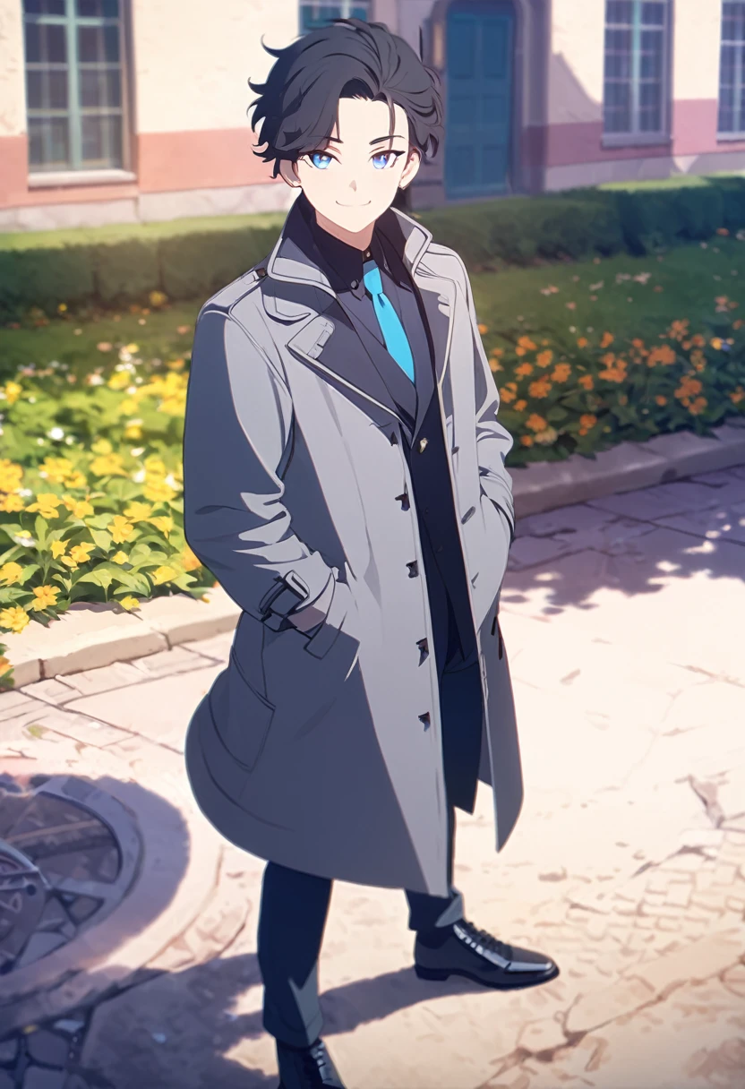 masterpiece,depth of field,8K,looking at the viewer,gray long coat,I made a V with my hands,black leather shoes,black hair,blue eyes,afternoon,man,hands in pockets,smiling,alone,Handsome,(charismatic eyes 1:1),wseifuku