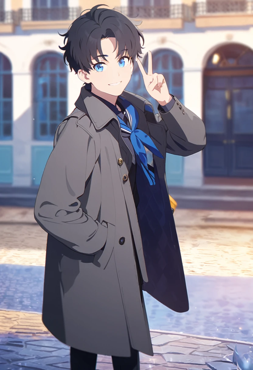 masterpiece,depth of field,8K,looking at the viewer,gray long coat,I made a V with my hands,black leather shoes,black hair,blue eyes,afternoon,man,hands in pockets,smiling,alone,Handsome,(charismatic eyes 1:1),wseifuku
