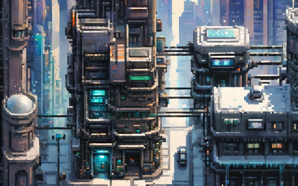 Zoom-in, streets, close-up, City at winter, Sidescroller game level, A futuristic cyberpunk city controlled by robots, pixel art painting by Yoko Tsuno, best quality, masterpiece, high details, Ultra intricate detailed
