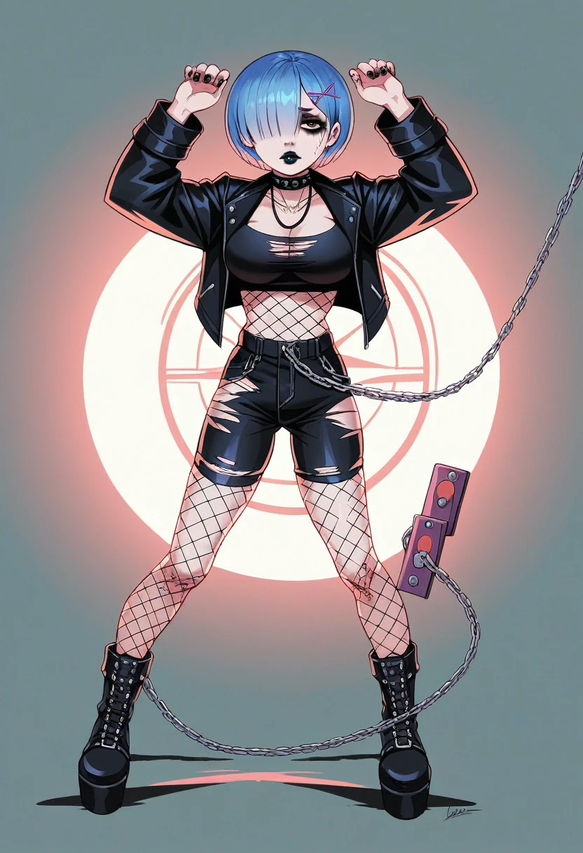 best quality, masterpiece, ultra-detailed, illustration, dynamic pose, Rem from Re:Zero, blue short hair, hair over one eye, (perfectly proportionate body), eyeliner, tired,wearing a leather jacket, adorned with studded accessories, platform boots, layered necklaces, bold patterns, (torn fishnets), dramatic makeup, black nail polish, oversized rings, chains and buckles, black lipstick, busty body, wearing a crop-top, close-up shot, glossy lips, cinematic lighting, volumetric lighting, vibrant colors, ray tracing, intricate 