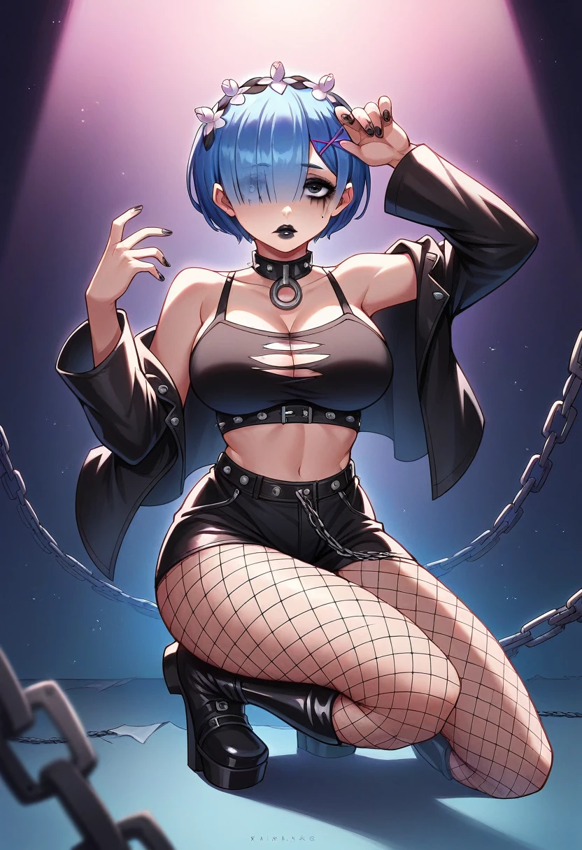 best quality, masterpiece, ultra-detailed, illustration, dynamic pose, Rem from Re:Zero, blue short hair, hair over one eye, (perfectly proportionate body), eyeliner, tired,wearing a leather jacket, adorned with studded accessories, platform boots, layered necklaces, bold patterns, (torn fishnets), dramatic makeup, black nail polish, oversized rings, chains and buckles, black lipstick, busty body, wearing a crop-top, close-up shot, glossy lips, cinematic lighting, volumetric lighting, vibrant colors, ray tracing, intricate