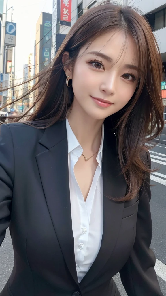 highest quality、genuine、Super detailed、finely、High resolution、8k wallpaper、one beautiful woman、、、light brown disheveled hair、wearing a business suit、sharp focus、perfect dynamic composition、beautiful and detailed eyes、thin hair、Detailed genuine skin texture、smile、model body shape、In Tokyo at morning、