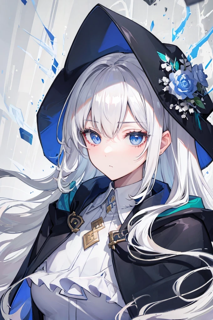 (masterpiece, highest quality:1.2), highest quality, masterpiece, high resolution, Anime style, portraiture, male, man, long hair, Silver hair, platinum blond hair, uniform for men, oversized coat, disproportionate cloak, Feminine appearance, dark blue eyes, magic, magic square, magician,  rests his cheek on desk, boredom, inattention, lessons, 1boy, solo