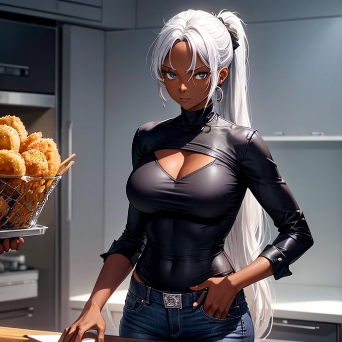 A dark-skinned woman with silver hair in a ponytail, Wearing a black dress shirt and slim jeans, Fried bear meat Showing your belly button