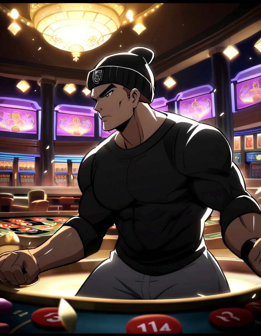 Fit guy with black beanie hat and medium long brown hair gambling in a casino in a gambling manner, epic anime style
