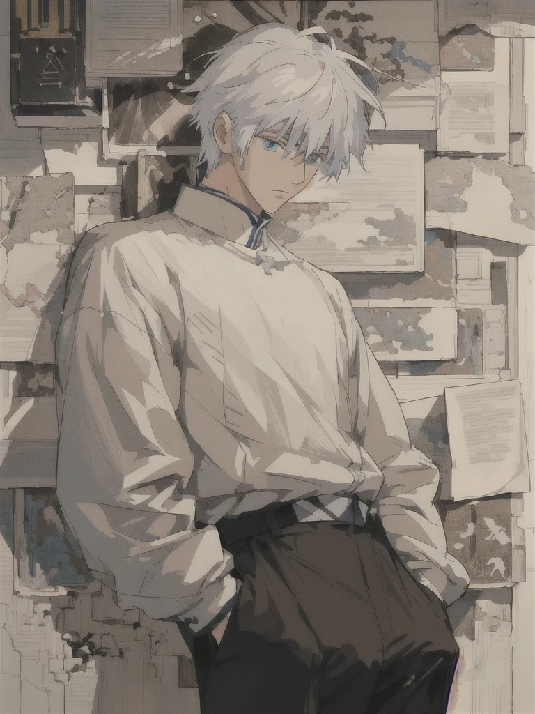 anime character with white hair and black pants standing in front of a wall of papers, handsome anime pose, male anime character, artwork in the style of guweiz, young anime man, tall anime guy with blue eyes, ken kaneki, anime full body illustration, white haired, detailed anime character art, pixiv daily ranking, anime aesthetic, kaneki ken
