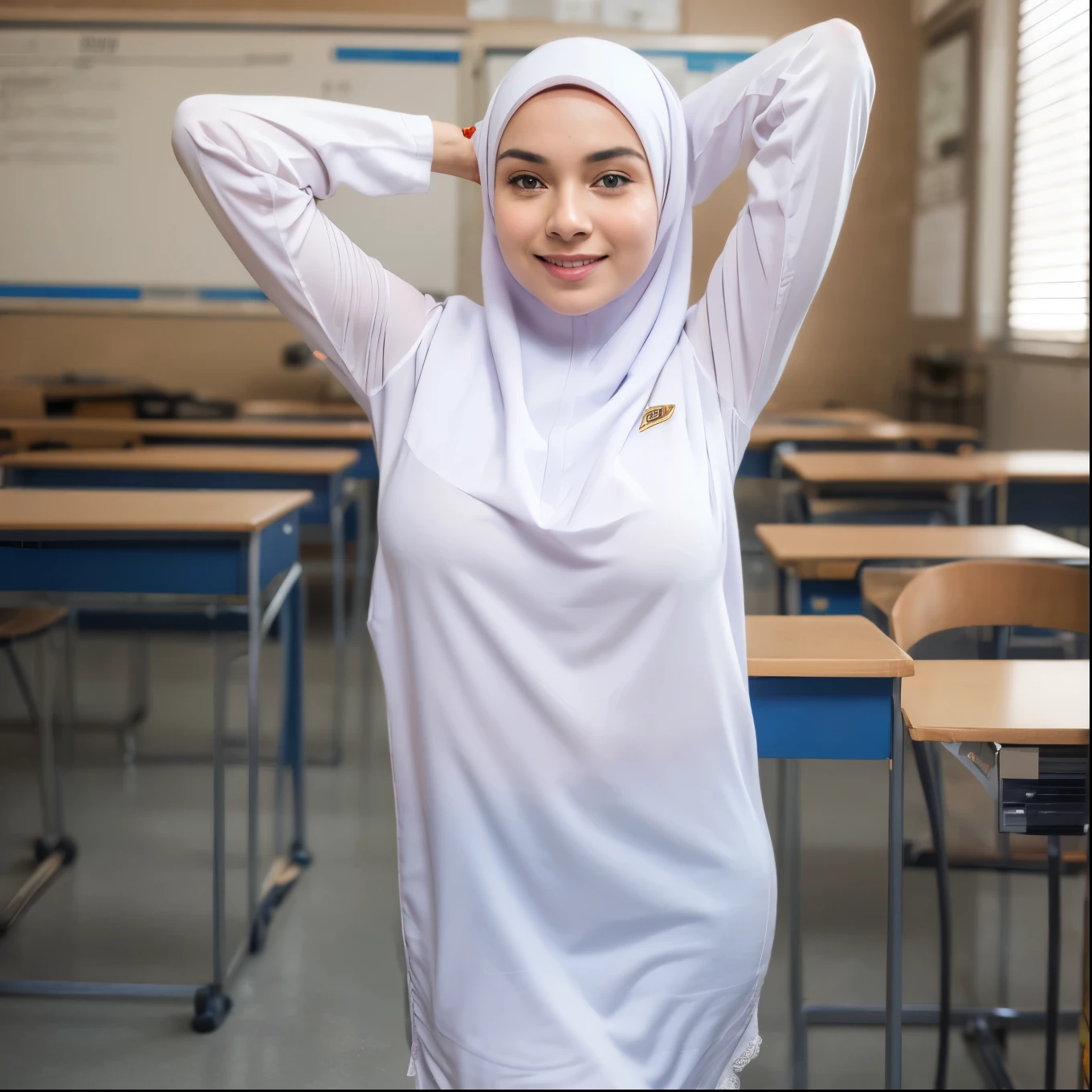1girl, white dress, wearing hijab, blue skirt, long sleeve,, classroom background, beautiful, pretty, blushing, flawless, best quality, masterpiece, ultra high res, (photorealistic:1.4), raw photo, (large ,full body:1.2), ((closed clothes)), ((both arms behind the head)), ((wearing short hijab))