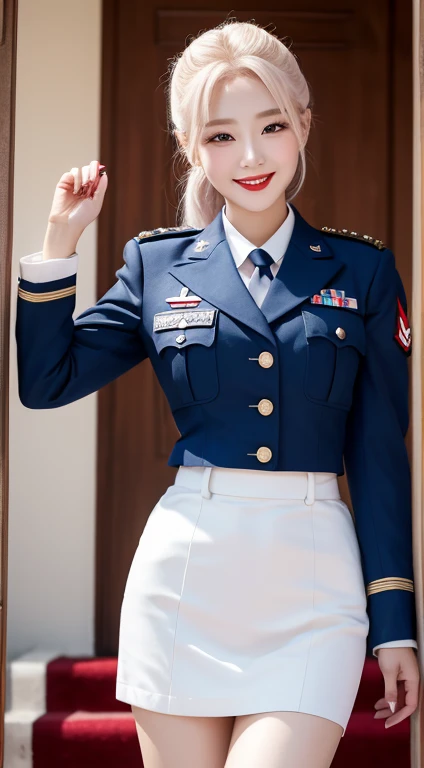 Highest quality, 4K, 8K, beautiful girl, Korean Makeup, Red lips, Platinum Hair, smile, Clear Face, thigh, Perfect body, Medium Chest, uniform, Second World Warの衣装, Second World War, Military blue outfit, Military Perspective,