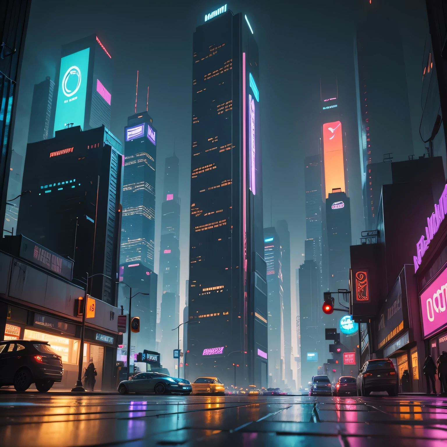 A highly detailed cyberpunk cityscape at night, focusing on the ground level to allow space for inserting characters. The scene features neon-lit streets and sidewalks, with wet pavement reflecting the vibrant colors of glowing signs and advertisements. Steam rises from manhole covers, adding to the gritty, futuristic atmosphere. There are scattered futuristic elements like small robots and discarded gadgets. Towering skyscrapers with illuminated signs and holographic advertisements serve as a dramatic backdrop, but the main focus remains on the bustling, cinematic street level.