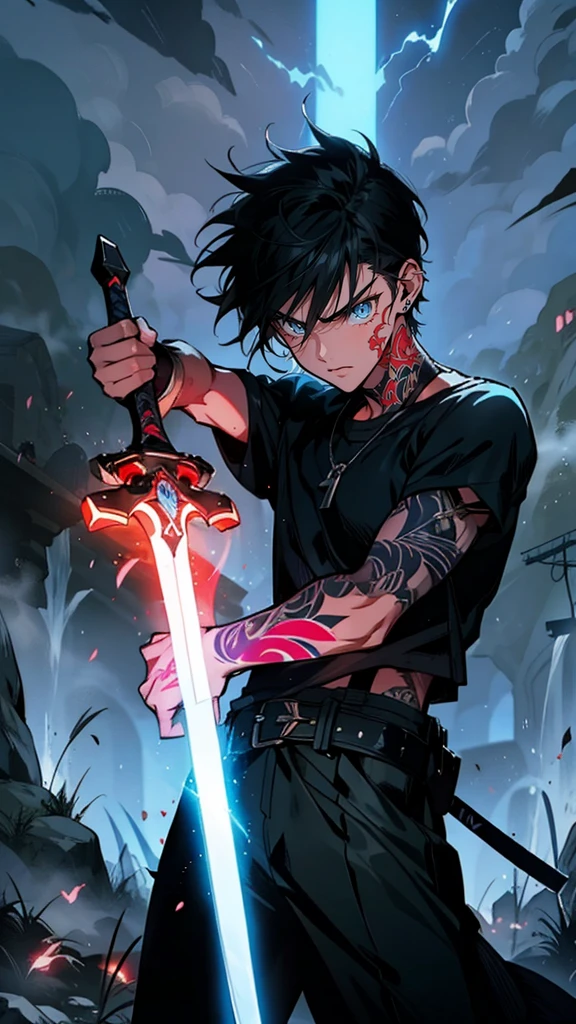 Tattos, A determined ager with windswept hair, wielding a glowing sword in a fighting stance, amidst a foggy battlefield. Half-length shot, dynamic lighting, cinematic, abasterpiece)), ((best quality)), ultra detailed,((illustration)), dynamic angle, detailed light, (delicate eyes), (ahoge:0.8),apathy, ray,frontage,style of anime4 k, 4k anime wallpaper, badass anime 8 k, 4 k comic wallpaper