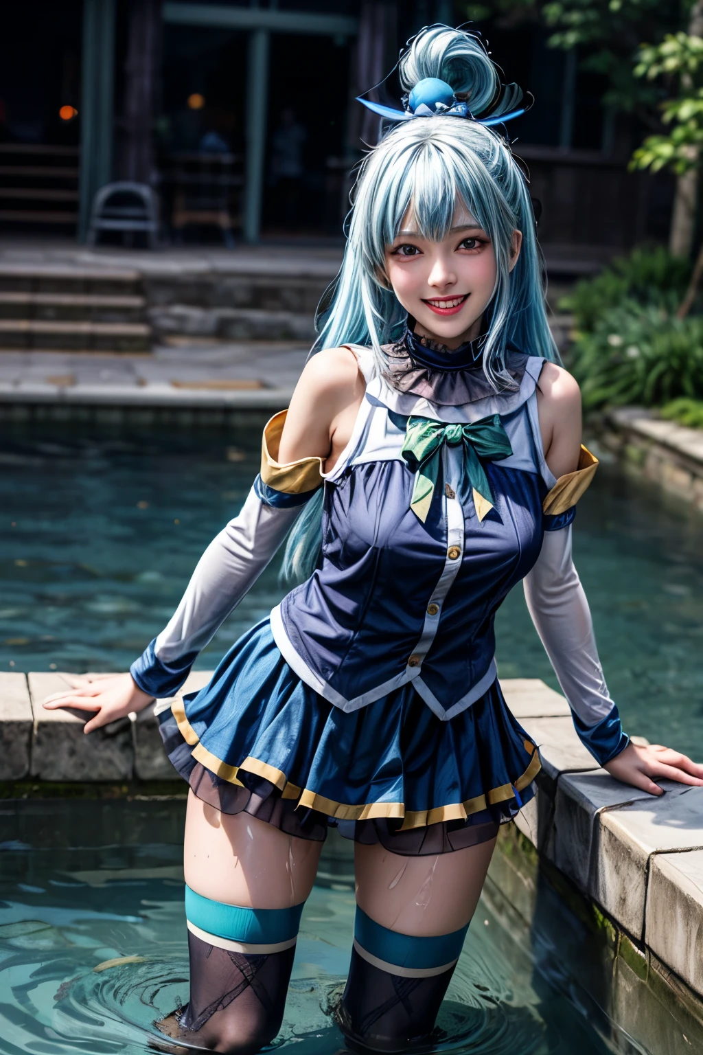 masterpiece, Highest quality, High resolution, Aqua, Long Hair, Blue Hair, Hair Ring, hair ornaments, choker, Bare shoulders, Green ribbon, Blue Shirt, Removable sleeves, Blue Skirt, Knee socks, Are standing, (magic:1.2), (water:1.2), Grin