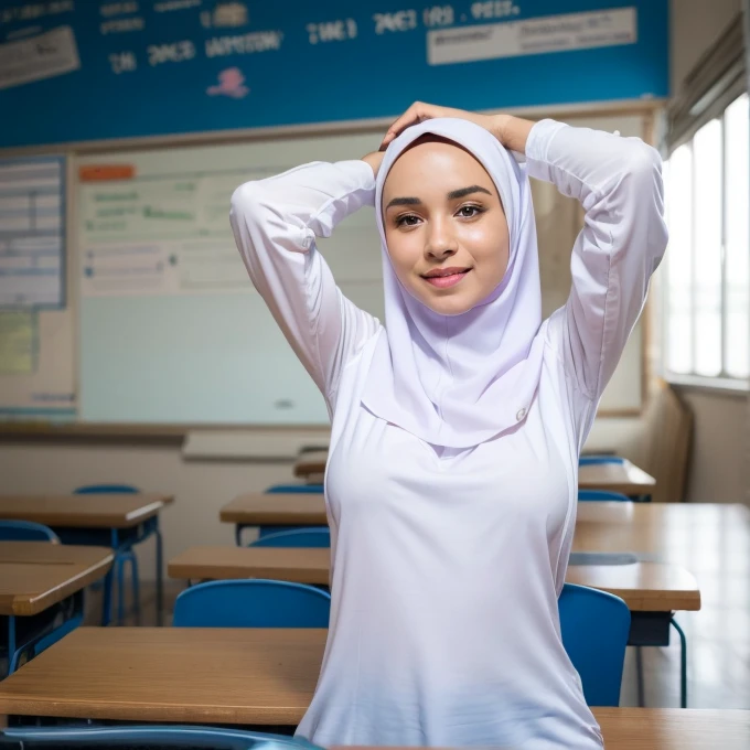 1girl, white dress, wearing hijab, blue skirt, long sleeve,, classroom background, beautiful, pretty, blushing, flawless, best quality, masterpiece, ultra high res, (photorealistic:1.4), raw photo, (large breasts,full body:1.2), ((closed clothes)), ((both arms behind the head)), ((wearing short hijab))