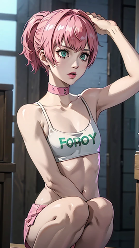 1 femboy, green eyes, very Short hair, pink choker, lipstick, Shy, pink hair , tomboy Pixie haircut, femboy hooters, cowboy shot, flat chest, ponytail, pose squating , arms up