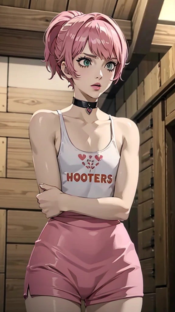 1 femboy, green eyes, very Short hair, pink choker, lipstick, Shy, pink hair , tomboy Pixie haircut, femboy hooters, cowboy shot, flat chest, ponytail, pose squating , arms up