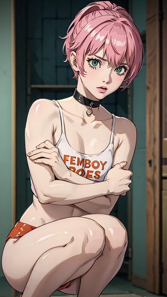 1 femboy, green eyes, very Short hair, pink choker, lipstick, Shy, pink hair , tomboy Pixie haircut, femboy hooters, cowboy shot, flat chest, ponytail, pose squating , arms up