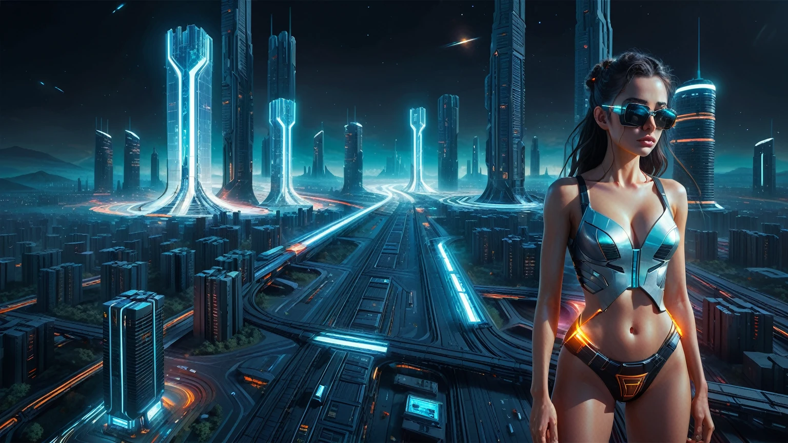 Brightly colored abstract aerial view image of a (((((futuristic railway station))))) with a spiral, a (((futuristic all-glass train))) passing by, epic beautiful space sci-fi, chaotic cinematic space rift, Greg Beeple, planets colliding, Beeple and Tim Hildebrandt, Beeple and Jean Giraud, end of the universe, (((giant glass lion sculpture))), galaxy space sci-fi, ringworld, by Mike "Beeple" Winkelmann. Matrix style, (((Matrix cascading code))), (((a futuristic twin tower skyscraper with a unique twisted design))), (((OLED GUI interfaces in the building))), at night, (((((1girl, solo))))), photo realistic, (((((((large-breast:1.2 body, cleavage:1.4))))))), (((((off broken mini sling-shirt and black sling bra, extreamly short pleated miniskirt exposing panty))))), (((((running pose))))), (((((((matrix style black micro sunglasses))))))), ((((((((((aiming with a short gun)))))))))), (((((looking at camera))))), (((very low view))), (((((half-body thigh level medium shot))))), (((cinematic lighting))).
