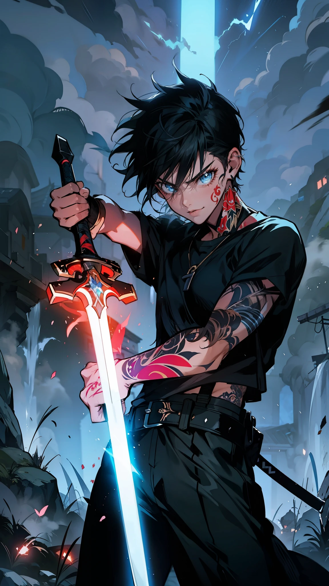 Tattos, A determined teenager with windswept hair, wielding a glowing sword in a fighting stance, amidst a foggy battlefield. Half-length shot, dynamic lighting, cinematic, abasterpiece)), ((best quality)), ultra detailed,((illustration)), dynamic angle, detailed light, (delicate eyes), (ahoge:0.8),apathy, ray,frontage,style of anime4 k, 4k anime wallpaper, badass anime 8 k, 4 k comic wallpaper