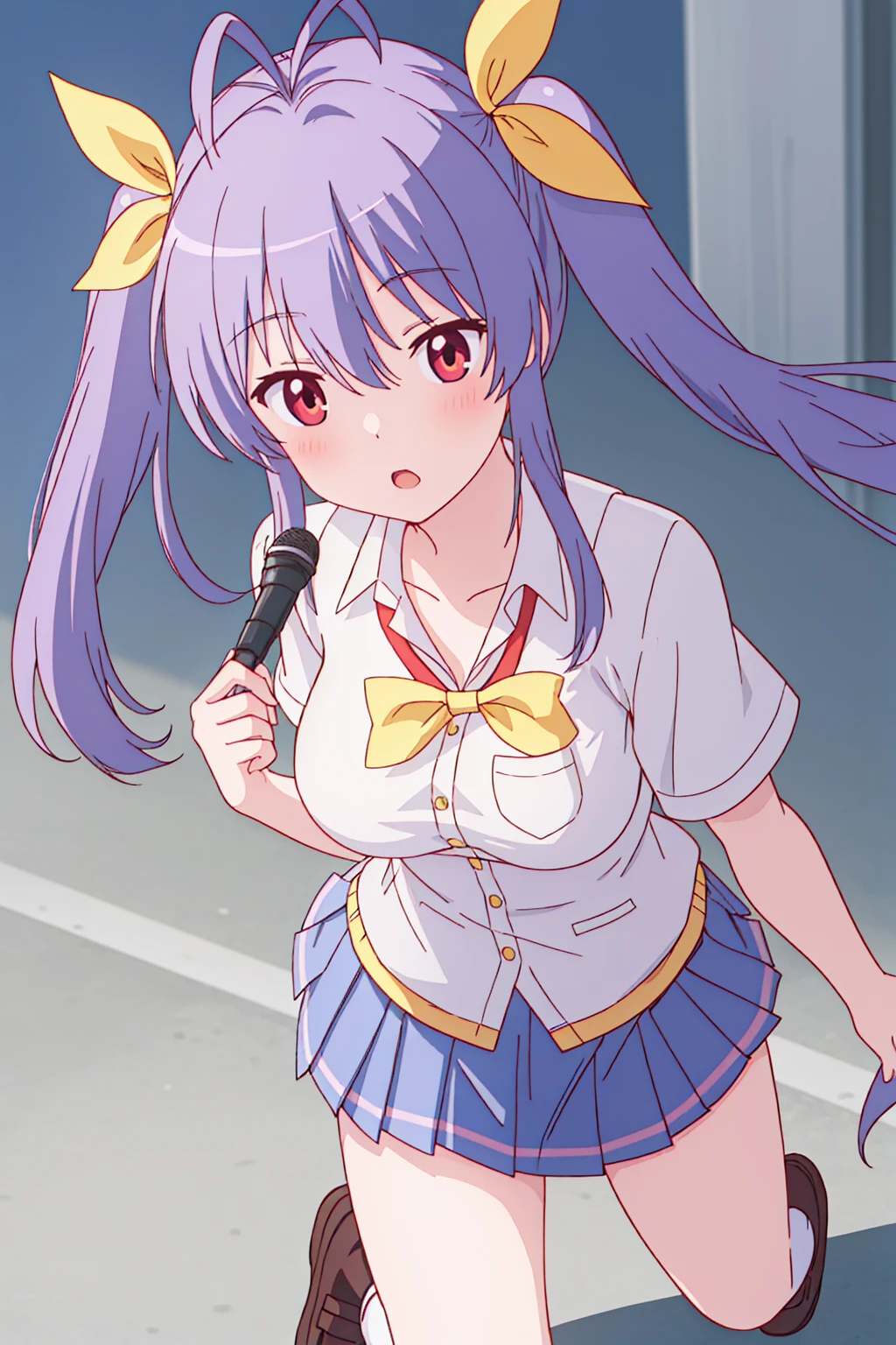 girl, solo, beautiful body, perfect body, nice body, (huge Breasts),

miyauchi_renge_nonnonbiyori, purple_hair, red_eyes, long_hair, twintails, ribbon, hair_ribbon, blush, antenna_hair, yellow_ribbon, hair_between_eyes, (school uniform:1.5), (pleated skirt:1.5), (miniskirt:1.5), short sleeve, tight, necktie, student shoes, white sock,

official art, extremely detailed CG unity 8k wallpaper, perfect lighting, Colorful, (best_quality:1.0), ultra high res,4K, ultra-detailed, 8K, HDR, high resolution,  absurdres:1.2, film grain, (vibrant_color:1.2), (narrow waist), huge breasts, (masterpiece:1.2), ((best quality:1.3)), ultra-detailed, ray-traced, high-fidelity textures, crisp focus, dynamic pose, dynamic art, dynmic angle, 