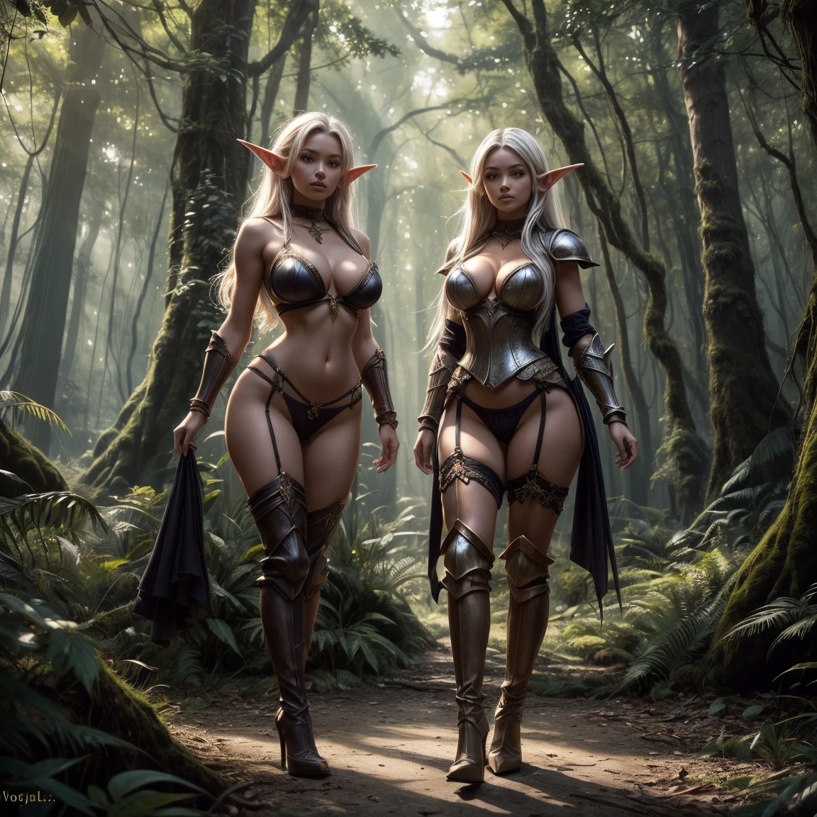 ((2 girls)), dark elf, elf ear, in a fantasy forest, near a small forest lake, dark skin, long white hair, gigantic  and  body, wearing  armor, revealing clothes, high heels boots.