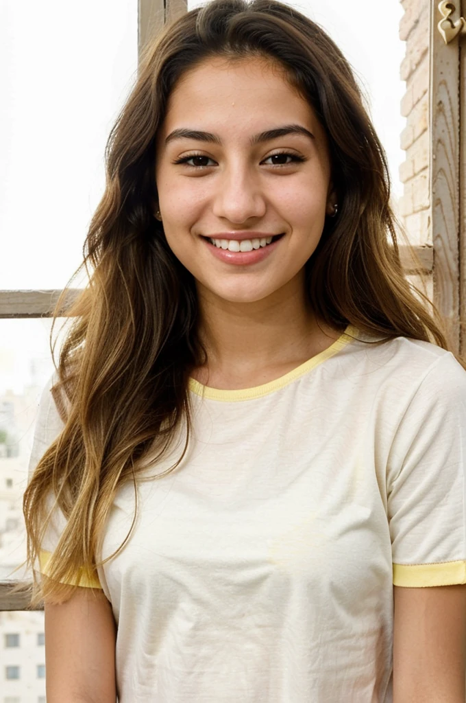 20YO, small nose, one women,attractive, Jordanian, Arab, Bright Yellow shirt, cute smile, cute face, white teethes, skinny face, light brown eyes, black/blonde long hair, modest