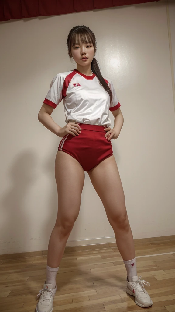 Korean lady in volleyball uniform full body standing 80s style 