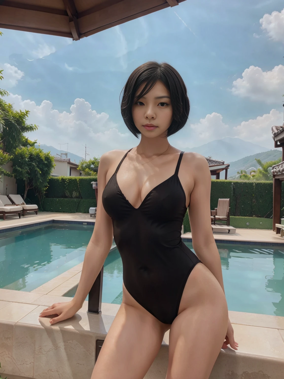 a beautiful young Asian woman with short black bob hair, with thick legs, 19 year old girl, posing confidently. wearing a black sporty bodysuit, tight, tight sporty bodysuit. standing, facing the front. at the edge of a modern pool, no plants, no trees.