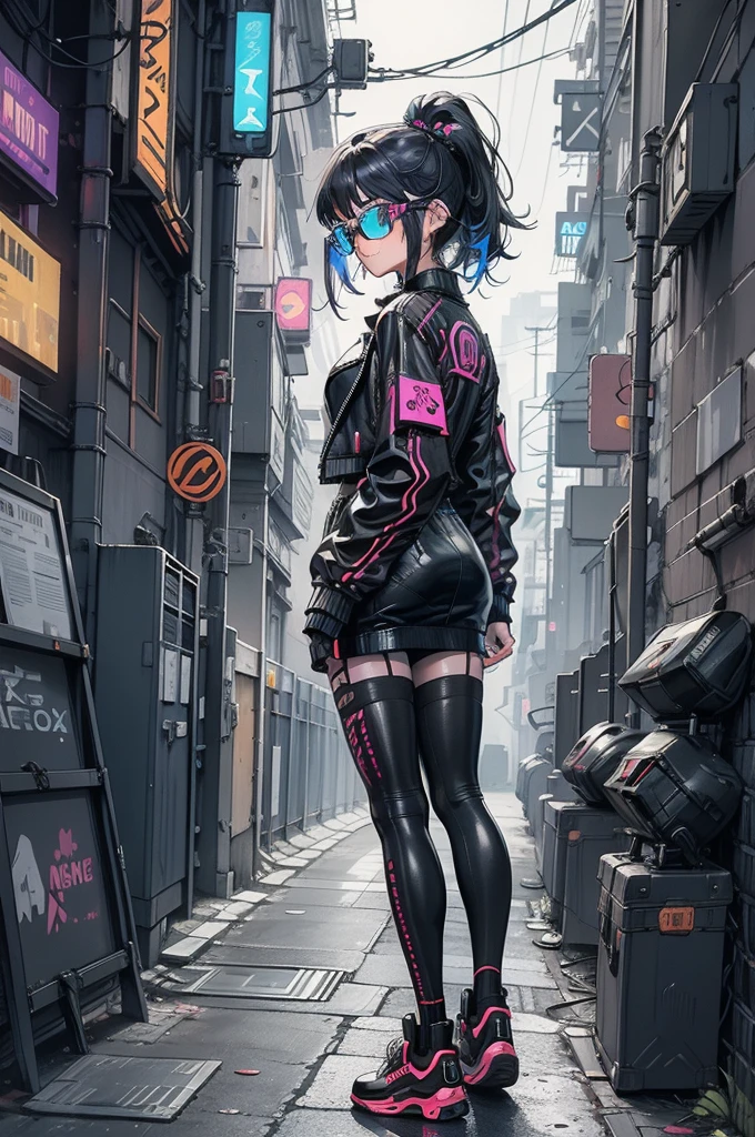 1 girl ,tmasterpiece, Best quality at best, ultra - detailed, illustratio, Cyberpunk rebel hacker style: Future city quality: Sharp and dynamic, Depict a character: Tech-savvy roles are inspiring: Neon city lights reflect her cybernetically enhanced shadowold contrasts accentuated her confident and bold outfit: High-tech tights leather jacket, Augmented reality glasses background: A gritty back alley filled with holographic graffiti and neon lights