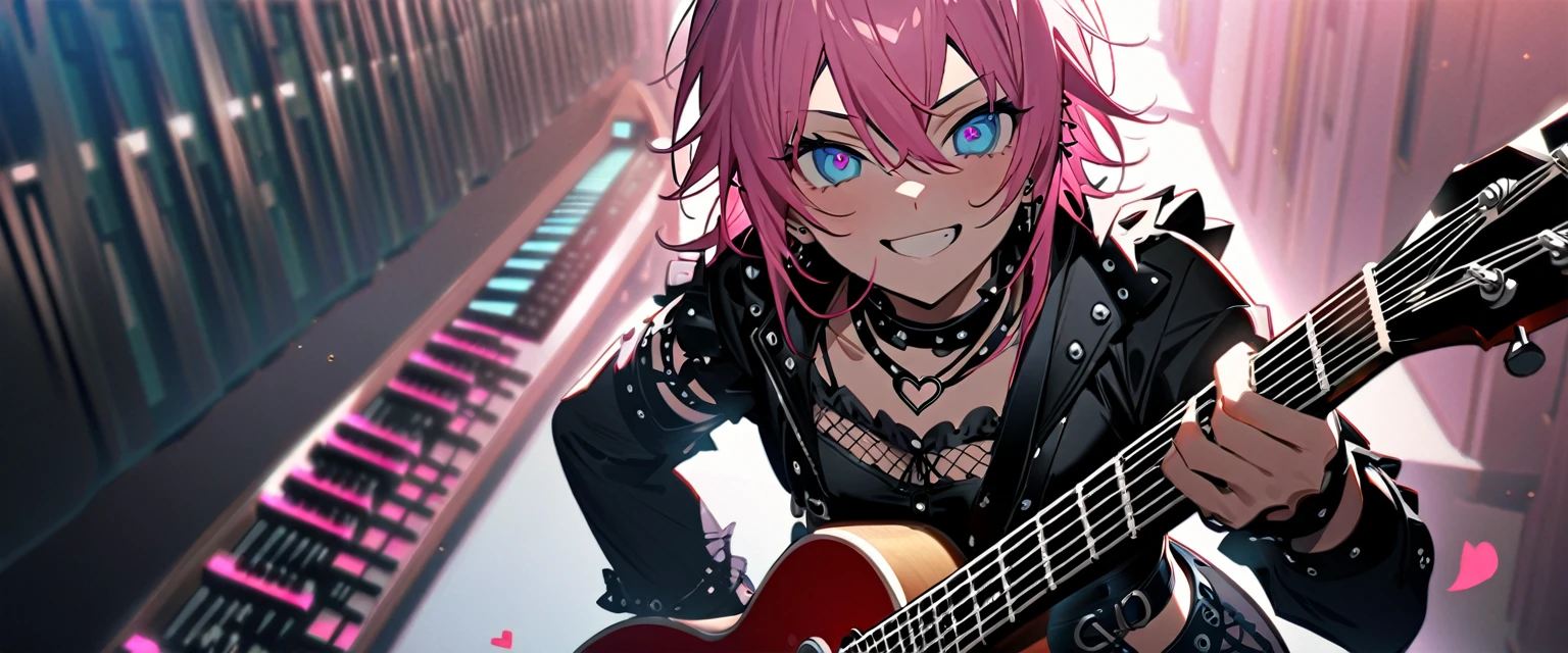 (((masterpiece,Highest quality))),(((A beautiful male anime crossdresser with long pink hair and blue eyes wearing a punk lolita style visual kei outfit, holding a guitar))),((Holding a guitar while surrounded by multiple keyboards)),(((Looking at me with a teasing smile,Heart mark in the eyes))),Focus on the upper body,(high quality),アニメ