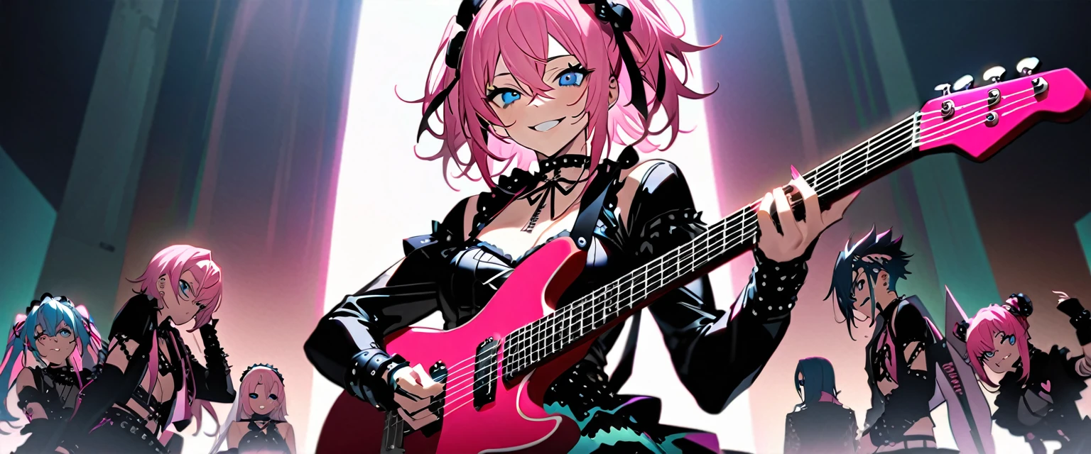 (((masterpiece,Highest quality))),(((A beautiful male anime crossdresser with long pink hair and blue eyes wearing a punk lolita style visual kei outfit, holding a guitar))),((Holding a guitar while surrounded by multiple keyboards)),(((Looking at me with a teasing smile,Heart mark in the eyes))),Focus on the upper body,(high quality),アニメ