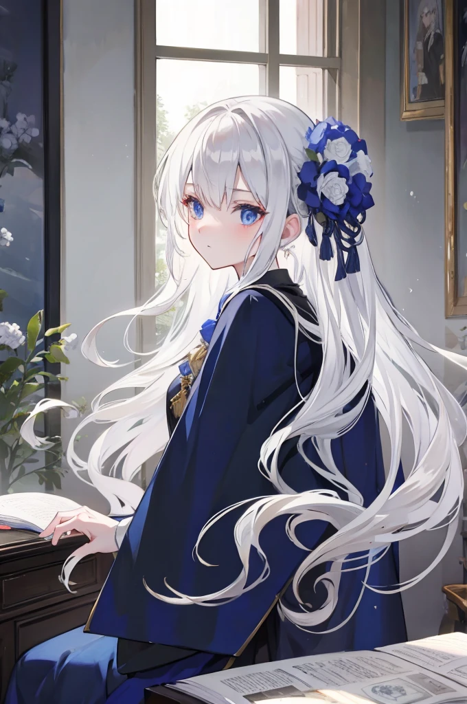 (masterpiece, highest quality:1.2), highest quality, masterpiece, high resolution, Anime style, portraiture, male, man, long hair, Silver hair, platinum blond hair, uniform for men, oversized coat, disproportionate cloak, Feminine appearance, dark blue eyes, magic, magician, rests his cheek on desk, boredom, inattention, lessons, sitting down,1boy, solo