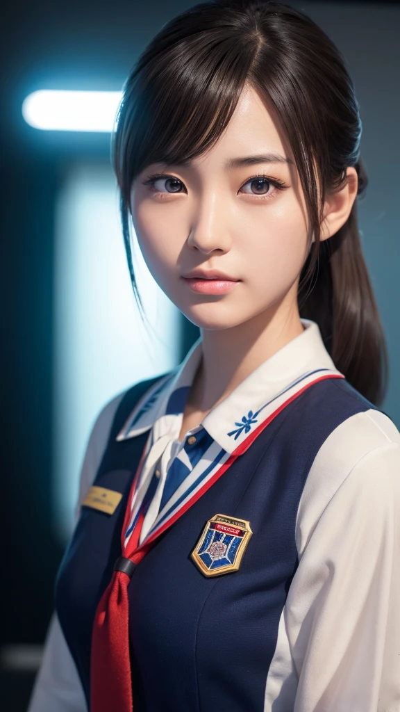 A beautiful young Japanese woman, around 20 years old, wearing a stewardess uniform, ultra-detailed, 8K resolution, highly realistic, cinematic lighting, best quality, masterpiece, photorealistic, physically-based rendering, extremely detailed, vivid colors, professional, sharp focus, studio lighting
