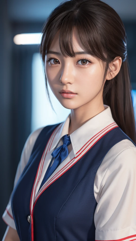 A beautiful young Japanese woman, around 20 years old, wearing a stewardess uniform, ultra-detailed, 8K resolution, highly realistic, cinematic lighting, best quality, masterpiece, photorealistic, physically-based rendering, extremely detailed, vivid colors, professional, sharp focus, studio lighting