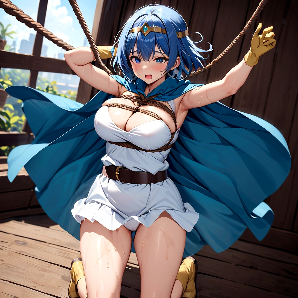 ((((((もっともっと服がはち切れそうなSuper big breasts:1.9))))))、((((Her breasts are so big they overflow from her clothes:1.9))))((((スカートが短すぎてWhite pantiesが覗く:9))))、((((White panties:1.9))))((彼女のドレスは短すぎてWhite pantiesが覗く:1.9))、(((White panties:1.9)))masterpiece, Highest quality,, Highly detailed background, Perfect lighting, (beautiful, Highest quality:1.1), masterpiece, Perfect Eyes, (beautiful), (erotic:1.2) Cleavage,short hair, Bright light Blue Hair, Observe the audience,(masterpiece, Highest quality:1.1), Sage_(dq3),,Blue Hair, Circlet, Normal chest, Yellow gloves,little white mini skirt dress, belt, Cape, boots, Cleavage, Expose your shoulders,Please close your eyes tightly.、Open your mouth苦しむ、Sweaty、Drenched in sweat、(Full body image:1.3)、(超巨大なCleavage:1.2)、(Super big breasts:1.2)、(Clothes are torn to shreds:1.9)、(The skirt is too short and your underwear is visible:1.8)、(下着はWhite panties:1.8)、(shibari:1.8)、(Open your mouth:1.5)、(Please close your eyes tightly.:1.8)、(Enduring Suffering:1.5)、(Put your hands behind your back:1.9)、(tied up and hung with a rope:1.9)、(the whole body is tied with a rope:1.9)、(My clothes are soaked and shiny..:1.5)、(Clothes are soaked and see-through:1.8)、(Plump body:1.8)、(Get down on one knee:1.8)、(息を切らしてit hurts:1.8)、(The body is tied up with rope and restrained:1.9)、(Tie your knees with a rope:2.9)、(Tie your thighs with a rope:2.9)、(My whole body is covered in bruises:1.8)、(The whole body is dirty and filthy:1.8)、(shortness of breathまたは呼吸困難:1.6)、(My whole body is full of wounds:1.8)、(My whole body is full of woundsで力尽きる:1.9)、(Exhausted:1.5)、(shortness of breath:1.8)、(it hurts:1.8)、(Being strangled with a rope:1.8)、(Suspended from above by ropes:1.9)((超巨大なCleavage:1.9))、((White panties:1.9))、(Her hands are tied with rope:1.9)、(Please close your eyes tightly.:1.9)、(彼女のWhite pantiesは短すぎるドレスから覗いている:1.5)、(Her clothes were torn off by the men.る:1.2)、(She blushes in embarrassment:1.5)、(Her clothes were torn off by the men.、she was almost naked。.:1.2)、(She is arching her back:1.9)、(She is looking up:1.9)、(her body is full of scars:1.9)、(the back is arched:1.9)、(Her breast size is M cup:1.9)、((彼女はもっともっとSuper big breasts:1.9))、(She is bound by chains all over her body9)、(More and more roped off:1.9)、(shibari:2.9)、(shibari:2.9)、(Super big breasts:7.9)、(((スカートの隙間からWhite pantiesが覗く:1.9)))、(((She is tied up with rope:1.9)))、((((((White panties:1.9))))))、(((((((((((((彼女は超超Drenched in sweat:7.9)))))))))))))、(((((((((((彼女は上を向いてOpen your mouth顔を赤くして嫌がる:1.9)))))))))))、((((((((((I'm so embarrassed I blush and cry:1.9))))))))))