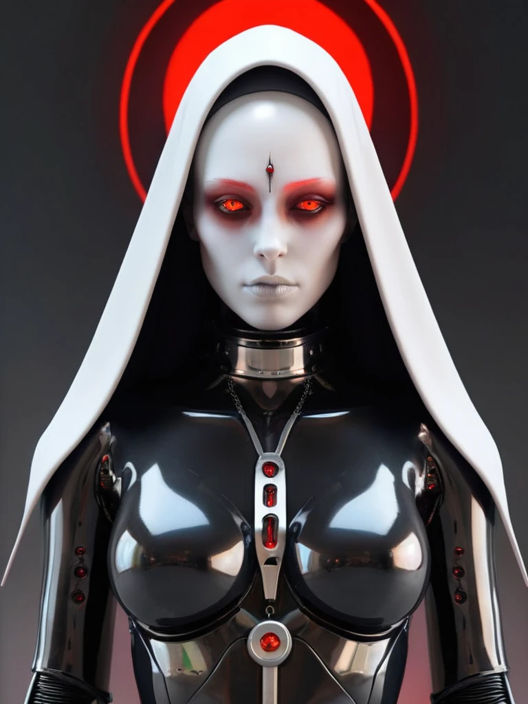 ral-opal, meahophontron, full body, woman robot face, devil nun, negro, looking at camera, body nun clothes, red eyes, primer plano looking at camera, realist, beautifull woman, sexy face, black clothes, gray and red.