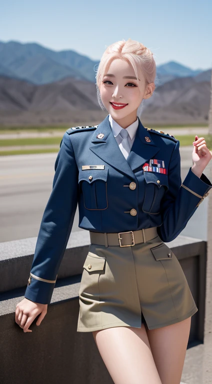 Highest quality, 4K, 8K, beautiful girl, Korean Makeup, Red lips, Platinum Hair, smile, Clear Face, thigh, Perfect body, Medium Chest, uniform, Second World Warの衣装, Second World War, Military blue outfit, Military Perspective,