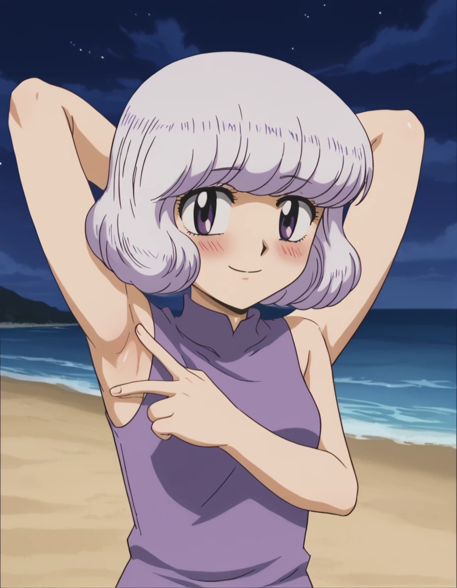 anime screencap, flat shadows BREAK shiho sannomiya, (cowboy shot:1.5), solo, night sky, beach, arm behind head, contrapposto, spread armpits, looking at viewer, best quality, closed mouth, shy, presenting armpit, hand on own armpit, blushing, smile, sleeveless,