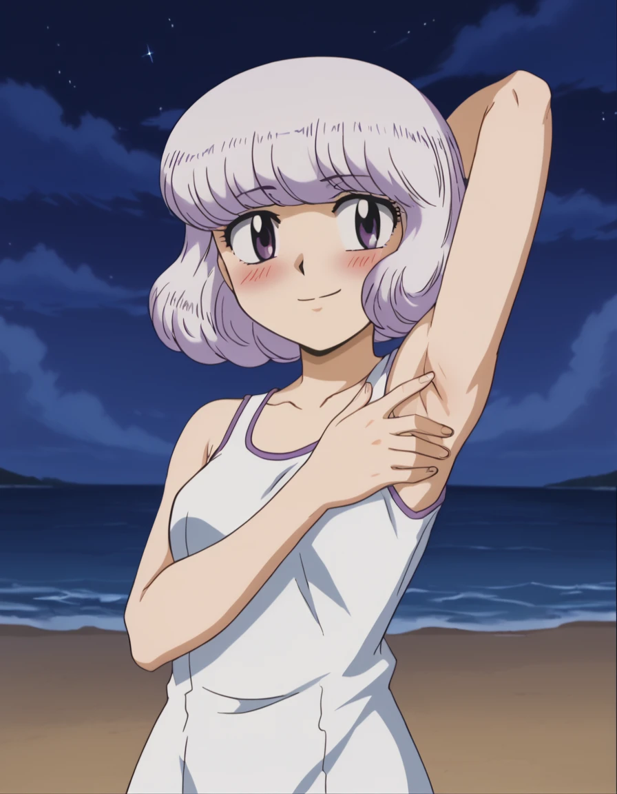 anime screencap, flat shadows BREAK shiho sannomiya, (cowboy shot:1.5), solo, night sky, beach, arm behind head, contrapposto, spread armpits, looking at viewer, best quality, closed mouth, shy, presenting armpit, hand on own armpit, blushing, smile, sleeveless,
