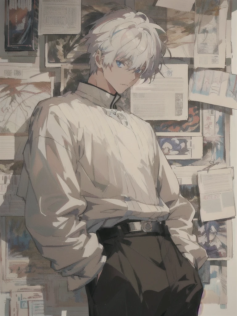 anime character with white hair and black pants standing in front of a wall of papers, handsome anime pose, male anime character, artwork in the style of guweiz, young anime man, tall anime guy with blue eyes, ken kaneki, anime full body illustration, white haired, detailed anime character art, pixiv daily ranking, anime aesthetic, kaneki ken