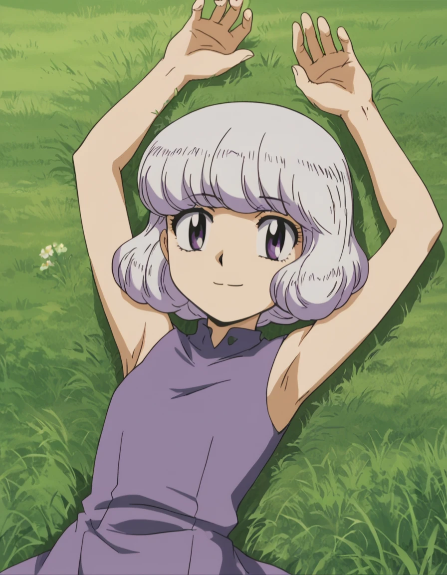 anime screencap, flat shadows BREAK shiho sannomiya, looking at viewer, closed mouth, solo, lying, on back, arms up, spread arms, on grass, looking at viewer, best quality, smile, (cowboy shot:1.5), sleeveless,