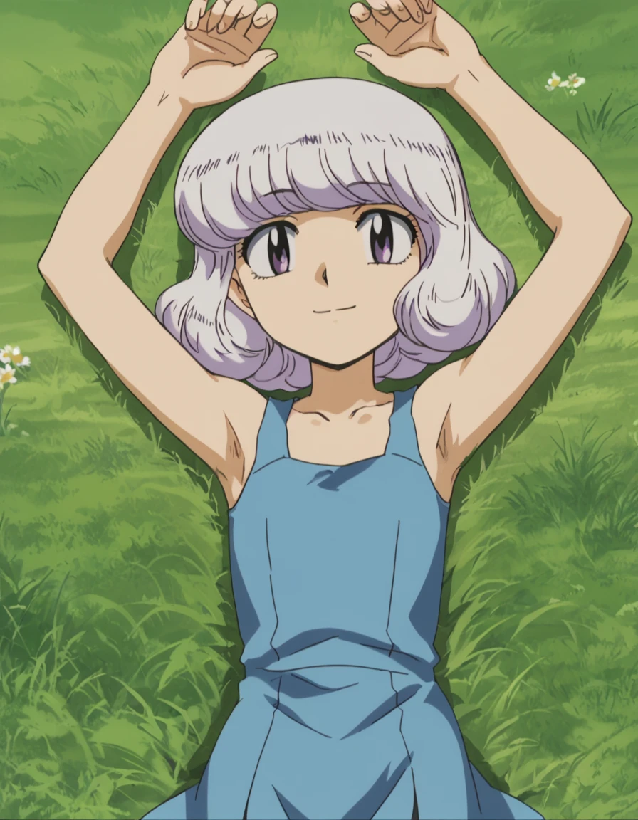 anime screencap, flat shadows BREAK shiho sannomiya, looking at viewer, closed mouth, solo, lying, on back, arms up, spread arms, on grass, looking at viewer, best quality, smile, (cowboy shot:1.5), sleeveless,
