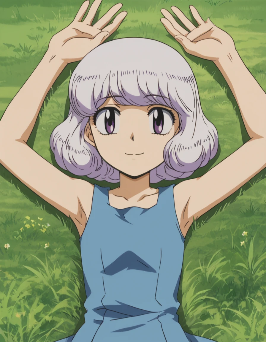 anime screencap, flat shadows BREAK shiho sannomiya, looking at viewer, closed mouth, solo, lying, on back, arms up, spread arms, on grass, looking at viewer, best quality, smile, (cowboy shot:1.5), sleeveless,
