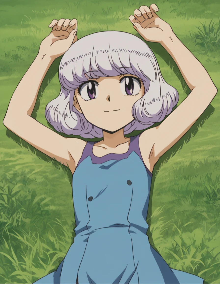 anime screencap, flat shadows BREAK shiho sannomiya, looking at viewer, closed mouth, solo, lying, on back, arms up, spread arms, on grass, looking at viewer, best quality, smile, (cowboy shot:1.5), sleeveless,