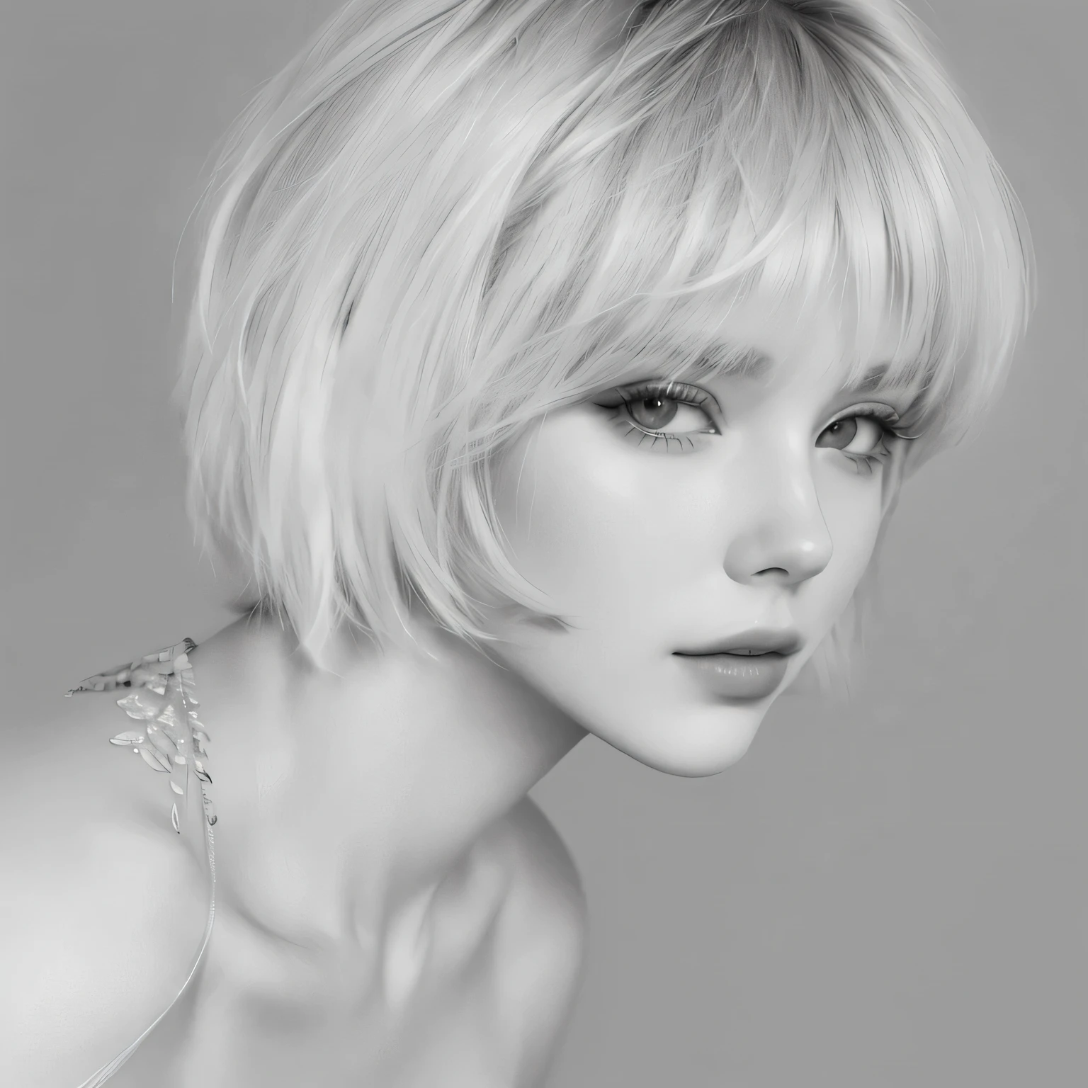 a close up of a woman with short blonde hair, Soft. digitalpainting, greyscale, digital sketch, digitalpainting a lápis, mostly greyscale, #1 digitalpainting of all time, # 1 digitalpainting of all time, digital drawing, soft digitalpainting, portray a woman as real, black and white drawing, 2b, 2b