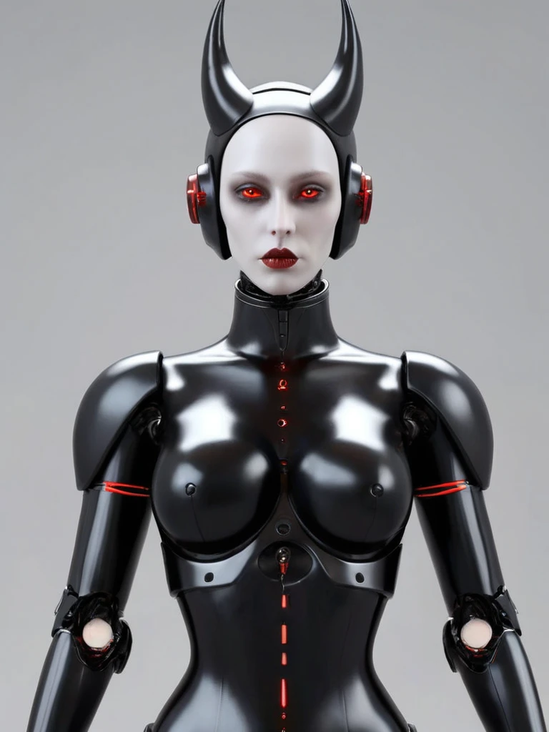 ral-opal, meahophontron, full body, woman robot face, devil nun, , looking at camera, body nun clothes, red eyes, primer plano looking at camera, realist, beautifull woman, sexy face, black clothes, gray and red, posing.