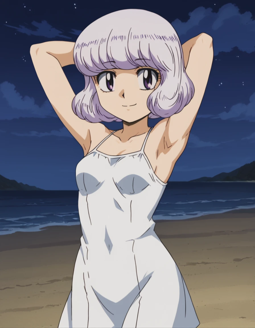 anime screencap, flat shadows BREAK shiho sannomiya, looking at viewer, closed mouth, solo, night sky, beach, arms behind head, contrapposto, spread armpits, looking at viewer, best quality,  smile, (cowboy shot:1.5)