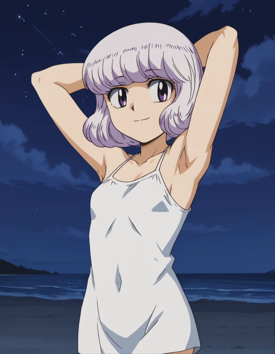 anime screencap, flat shadows BREAK shiho sannomiya, looking at viewer, closed mouth, solo, night sky, beach, arms behind head, contrapposto, spread armpits, looking at viewer, best quality, smile, (cowboy shot:1.5)