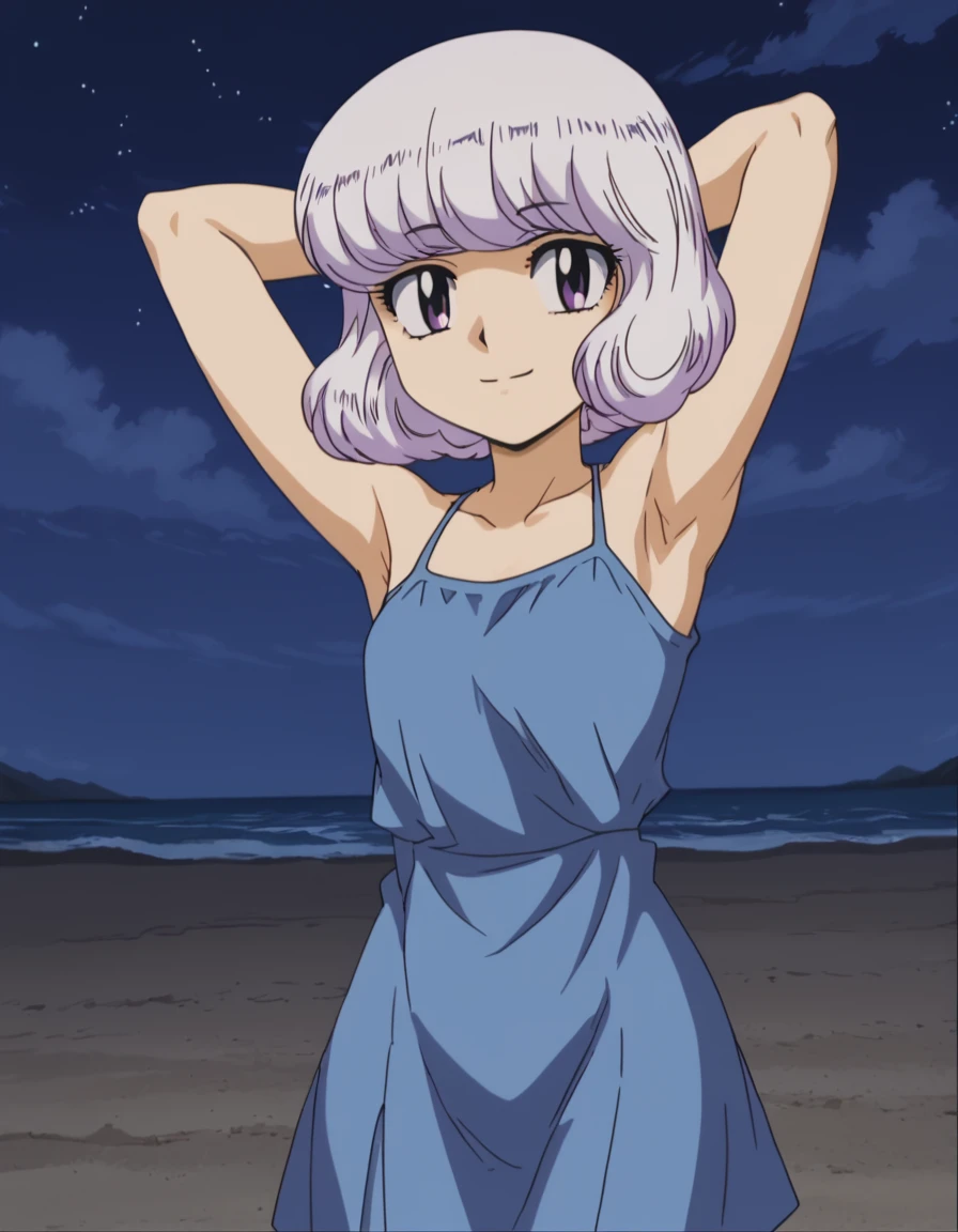 anime screencap, flat shadows BREAK shiho sannomiya, looking at viewer, closed mouth, solo, night sky, beach, arms behind head, contrapposto, spread armpits, looking at viewer, best quality, smile, (cowboy shot:1.5)