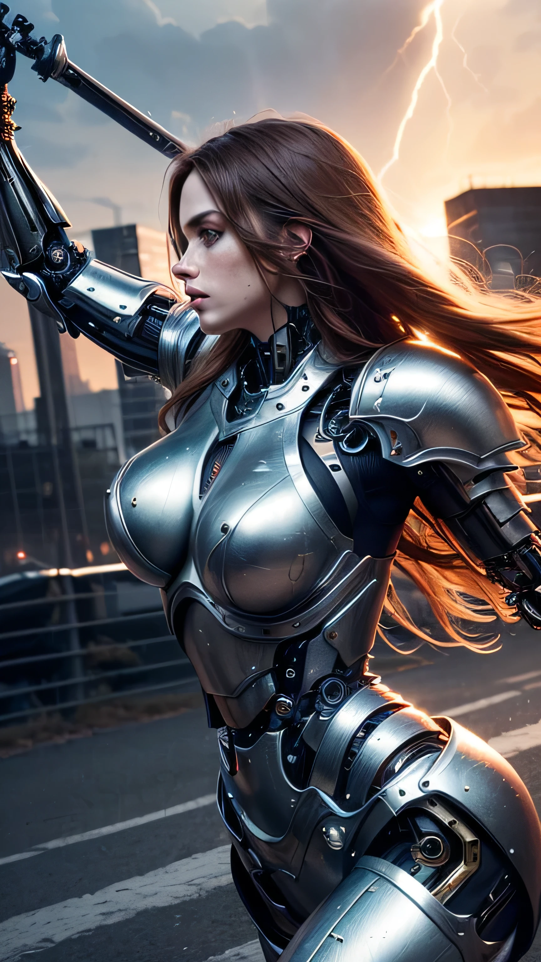 (masterpiece, photorealistic:1.4, extremely intricate:1.3), (photon mapping, radiosity, physically based rendering, ultra resolution, hyper-realistic, hyper-realistic, 8K, (dtx)), muscular girl, ((Sumptuous armor from the late Renaissance, black chrome perfectchainmail armor:0.8, ((mechanical limbs, cybernetic arms, futuristic cyborg, ((weapon)))), intense, [skin detail:freckles:0.8])), metal reflections, outdoors, sunset, background futuristic battlefield, far away city destruction, god rays blasting a crater, professional photograph, (long straight ginger hair, wind, windy, running dynamic movement pose, arm raised), sharp focus, dramatic, award winning, (film grain, bokeh, interaction)