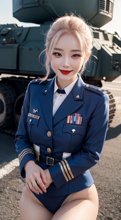 Highest quality, 4K, 8K, beautiful girl, Korean Makeup, Red lips, Platinum Hair, smile, Clear Face, thigh, Perfect body, Medium Chest, uniform, Second World Warの衣装, Second World War, Military blue outfit, Military Perspective,