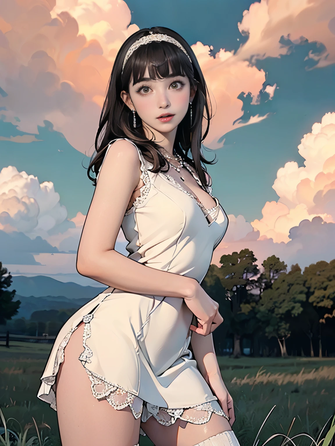 ((((Highest quality))))、(((Ultra-precision CG16K wallpaper)))、(((masterpiece)))、(((Super detailed)))、(((Extreme detail)))、((1Mature 29 year old woman:1.6))、((Very beautiful Japan face of a person))、((Urizane Face:1.8))、((Medium Straight Hair、blunt bangs:1.8))、(Shiny Hair)、A delicately drawn beautiful face、Dark Eyes、double eyelid、High nose、Small nostrils、Small Mouth、Seductive lips、Beautiful breasts、((C cup size breasts))、Cleavage、Beautiful feet、eight-headed body、Perfect proportions、Perfect Anatomy、Perfect composition、Beautiful detailed shading、Beautiful, natural lighting、Beautiful detail glow、Depth of written boundary、(((High chroma)))、(((Real:1.9)))、((vivid:1.5))、((Beautiful Skin))、((Skin Texture))、((Realな皮膚感))、(((Cowboy Shot:1.6)))、((front view、shoot from front、front low angle:1.6))、(((Half-open mouth、Surprised face:1.3)))、((The woman is looking at this、looking at viewer:1.6))、Bright daylight、Natural light、(((Grass Square、Sky and Clouds:1.5)))、(Fashion model standing pose:1.6)、(((Khaki collared sleeveless lace knit mini dress:1.6)))、((hair band、necklace、Wearing earrings:1.5))、((Lace-knit knee socks:1.3))、